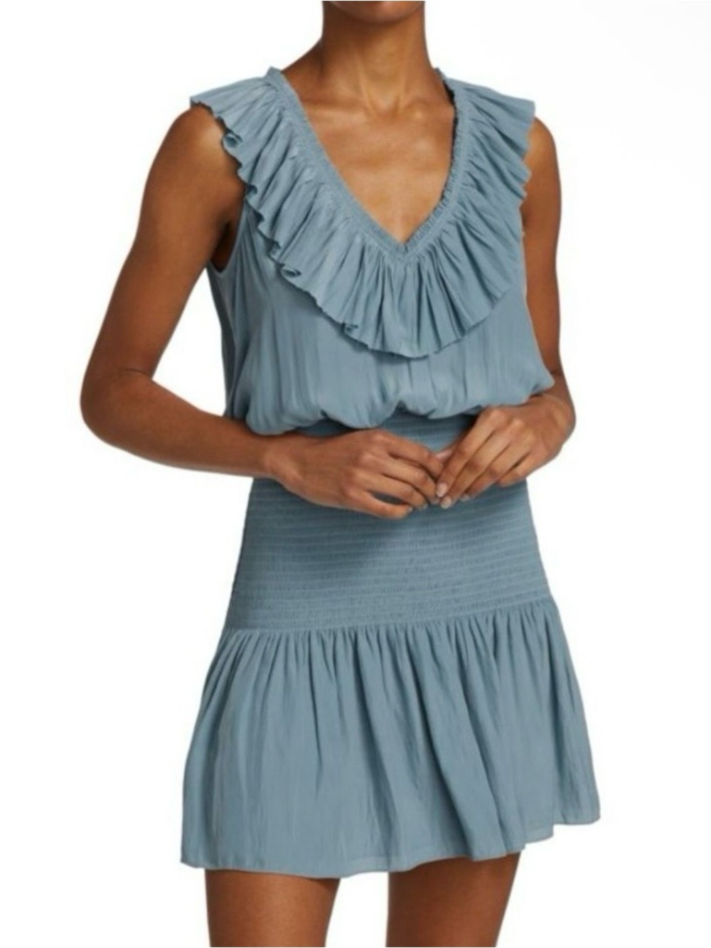 Ramy Brook Light Blue Ruffled V-Neck Smocked Mini Skirt
